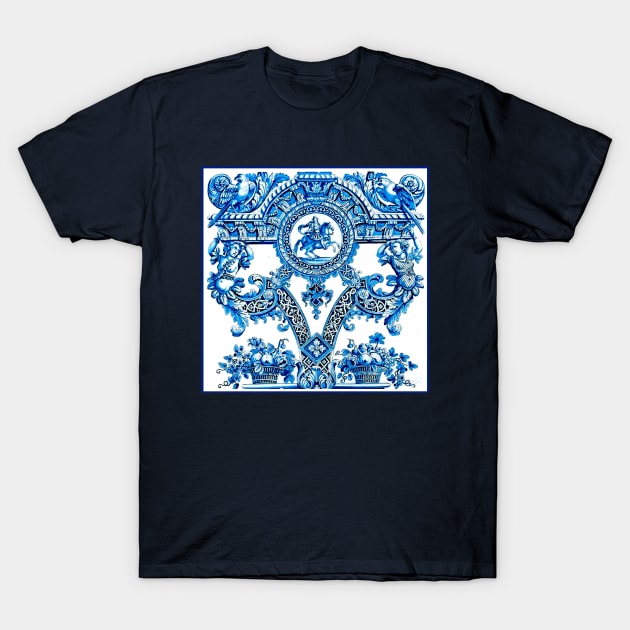 Dutch Blue Delft Parrots Cherubs Fruit Baskets and Horse and Rider Print T-Shirt by posterbobs